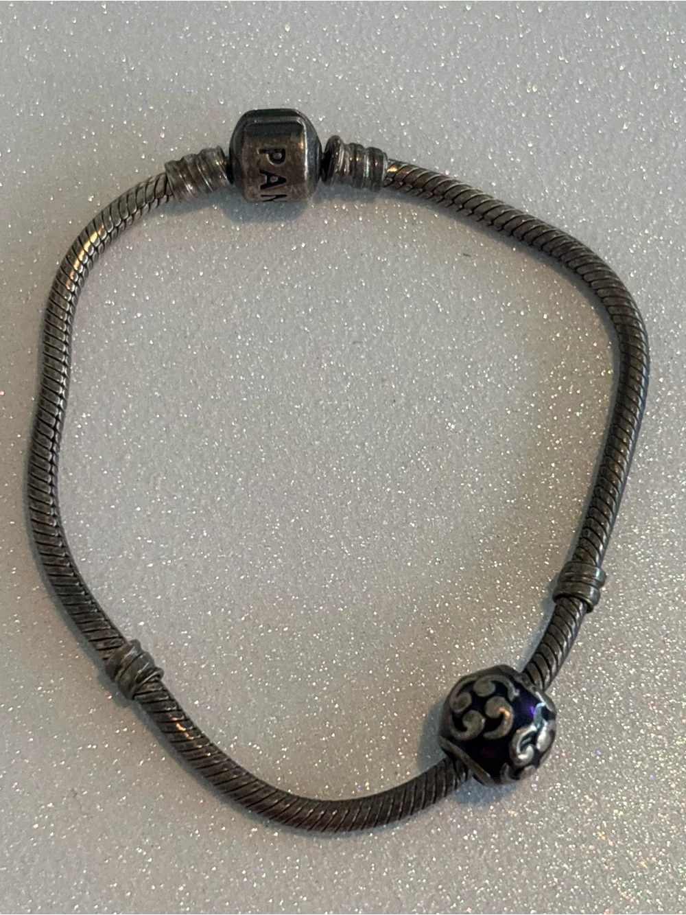 Pandora Sterling Silver Snake Bracelet with Purple Charm